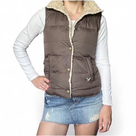 Vintage Y2K American Eagle Women’s Brown Down Quilted Puffer Vest Sherpa XS - Picture 1 of 6
